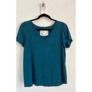 Maeve Anthropologie Teal Split V-Neck Puff Sleeve Pocket Tee Shirt Womens Medium